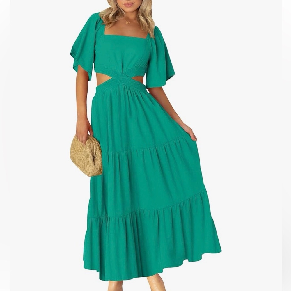 Emerald Tiered Maxi Dress with Square Neck, Cutouts & Crossover Waist